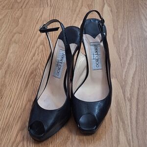 Jimmy Choo Black LEATHER Slingbacks Peeptor Heels 6.5